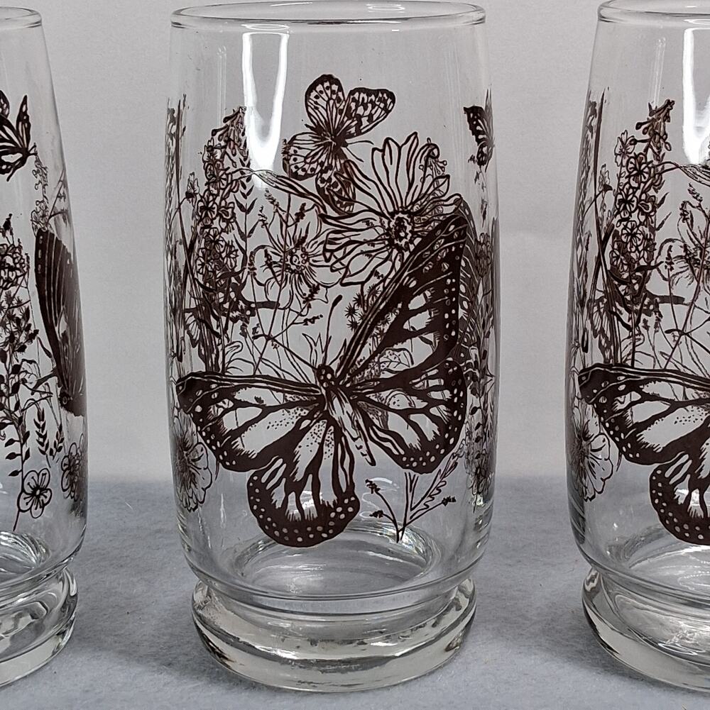 Set of 4 Vintage Butterfly Design Drinking Glasses Tumblers 10 Ounces
